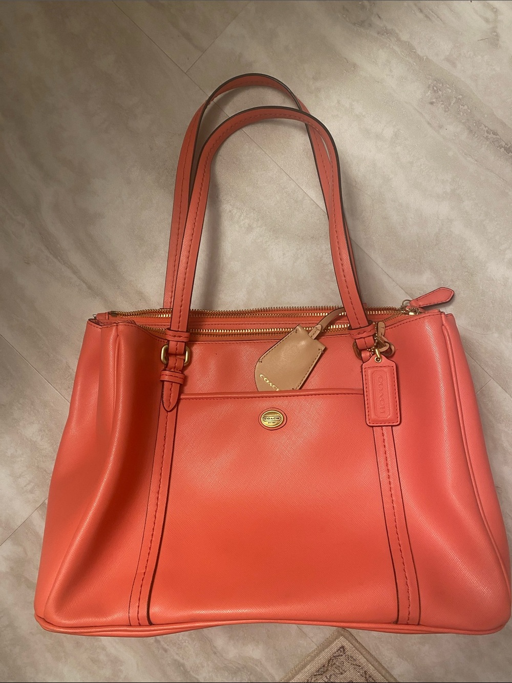 Coach Coral/Peach Leather Triple-Zip Tote